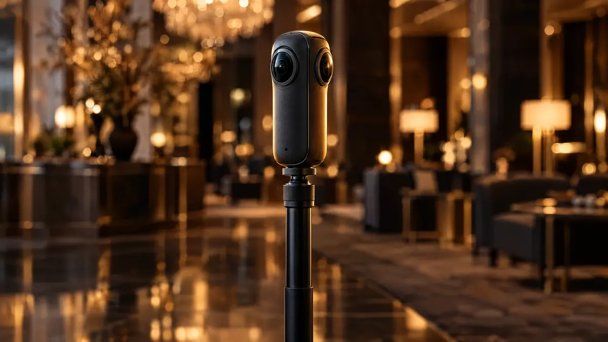 A 360° camera on a tripod in a hotel lobby